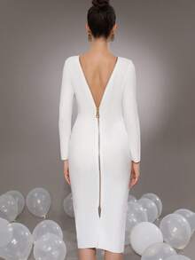 Sexy Women's Long Sleeve Large Zipper Back Bodycon Midi Dress For Vacation And Party - Putih - View 6