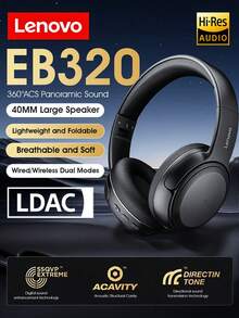 Tai nghe không dây Bluetooth trùm đầu Lenovo, EB320, Chống ồn, Loa lớn 40MM, Có thể gập lại, Nhẹ và Thoải mái, Tuổi thọ pin dài, Bluetooth 5.4, Thích hợp cho Chơi game, Nghe nhạc, Thể thao, Tương thích với iOS Android PC - màu đen - Xem 1