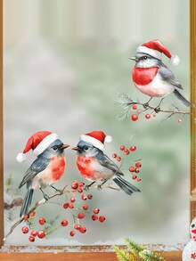 1 PIEZA Pegatinas de ventana con pájaros de estilo art decó navideños, calcomanías de ramas de bayas rojas para vidrio, pegatinas decorativas de plástico autoadhesivas, decoración festiva para el hogar, motivos de pájaros con gorro de Papá Noel de un solo uso, decoraciones navideñas para habitación, decoración de pared, pegatinas de pared, pegatinas de pared decoraciones navideñas para el hogar