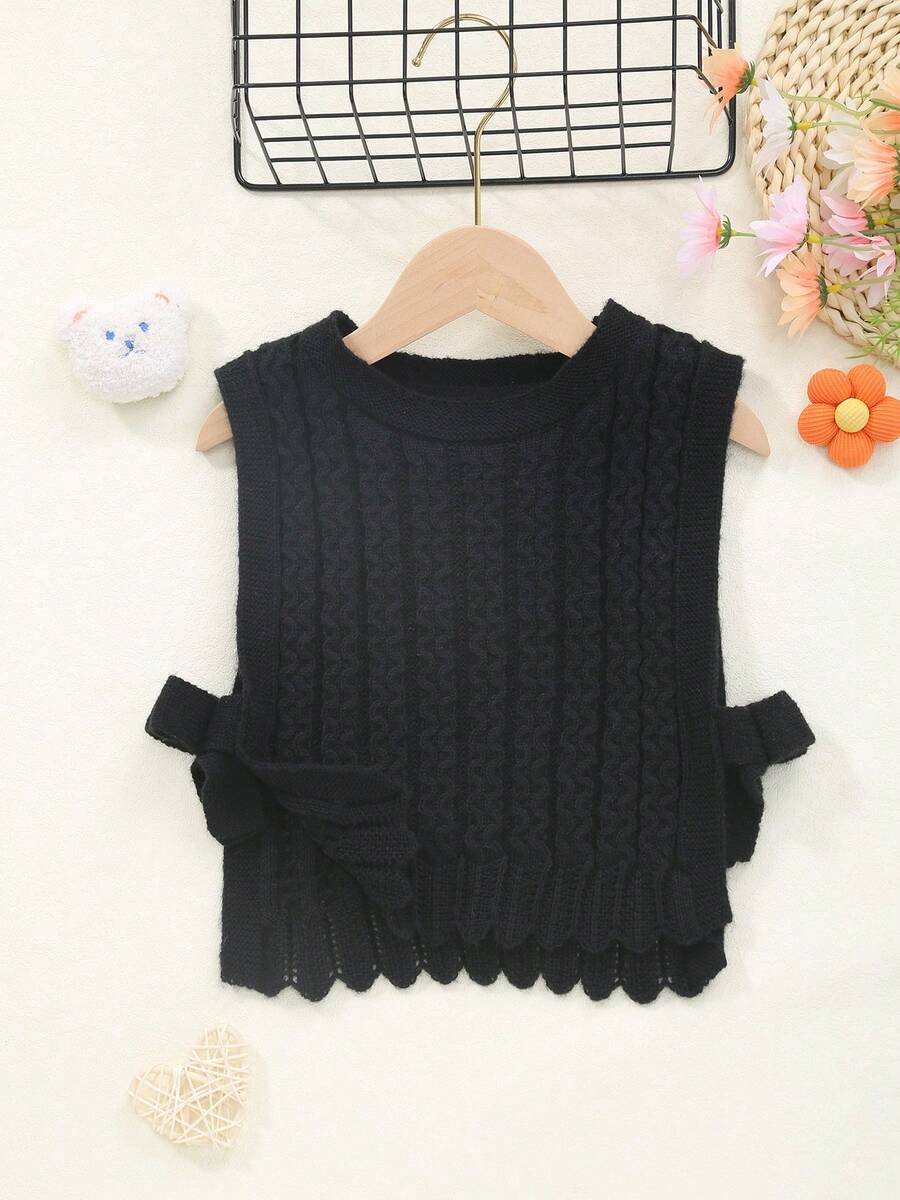Girls' Round Neck Knitted Solid Color Pullover Sweater Vest With Side Bow Design, Suitable For Spring, Summer, Autumn - Black - View 1