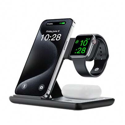 AmSengo 15W LED Fast Wireless Charger Stand 3 In 1 Foldable Charging Station For IPhone 16 15 14 13 12 11 Watch 9 8 7 6 5 Pro
