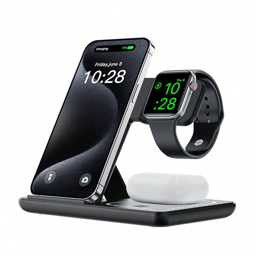 AmSengo 15W LED Fast Wireless Charger Stand 3 In 1 Foldable Charging Station For IPhone 16 15 14 13 12 11 Watch 9 8 7 6 5 Pro