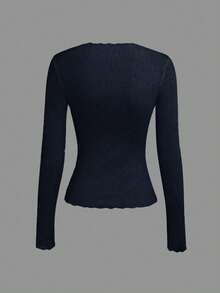 Visible Stitching Slim Fit Knit Top, Minimalist Style Long Sleeve Women's Top, With Elastic Waist Design - Navy Blue - View 5