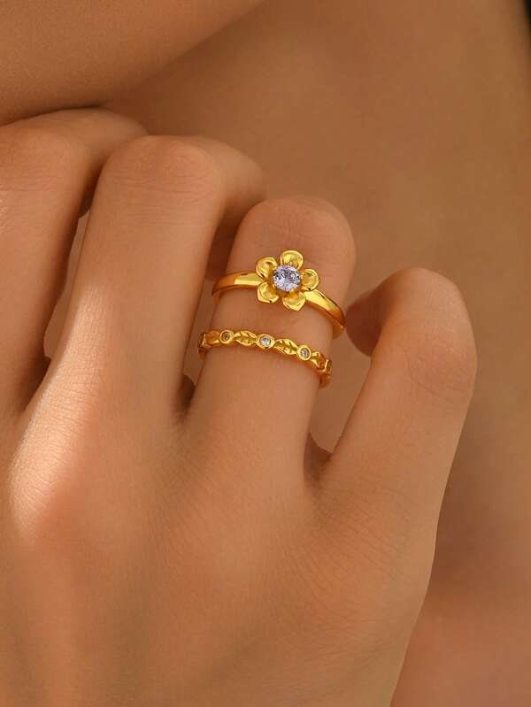 Conjunto de 2 anéis empilháveis elegantes com pedra de zircônia e cobre rosa floral, adequados para noivado, casamento, aniversário e presente de feriado