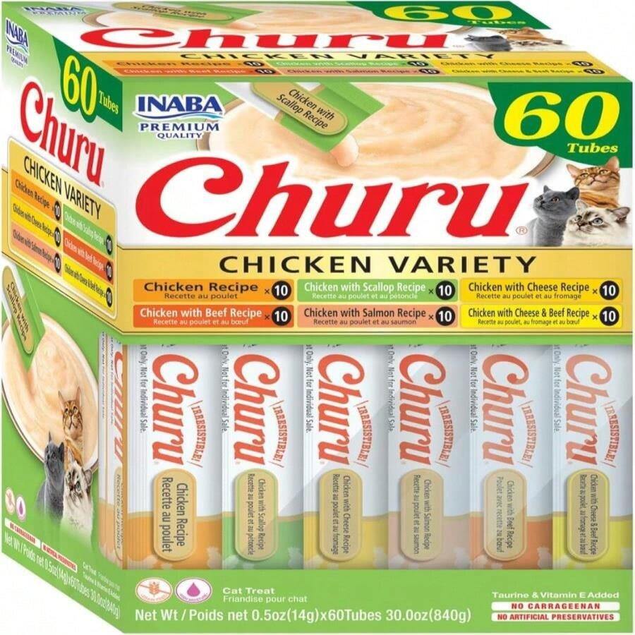 INABA Churu Cat Treats, Grain-Free, Lickable, Squeezable Creamy Purée Cat Treat_Topper, 60 Servings, Tuna Variety Box - MàuE - Xem 1