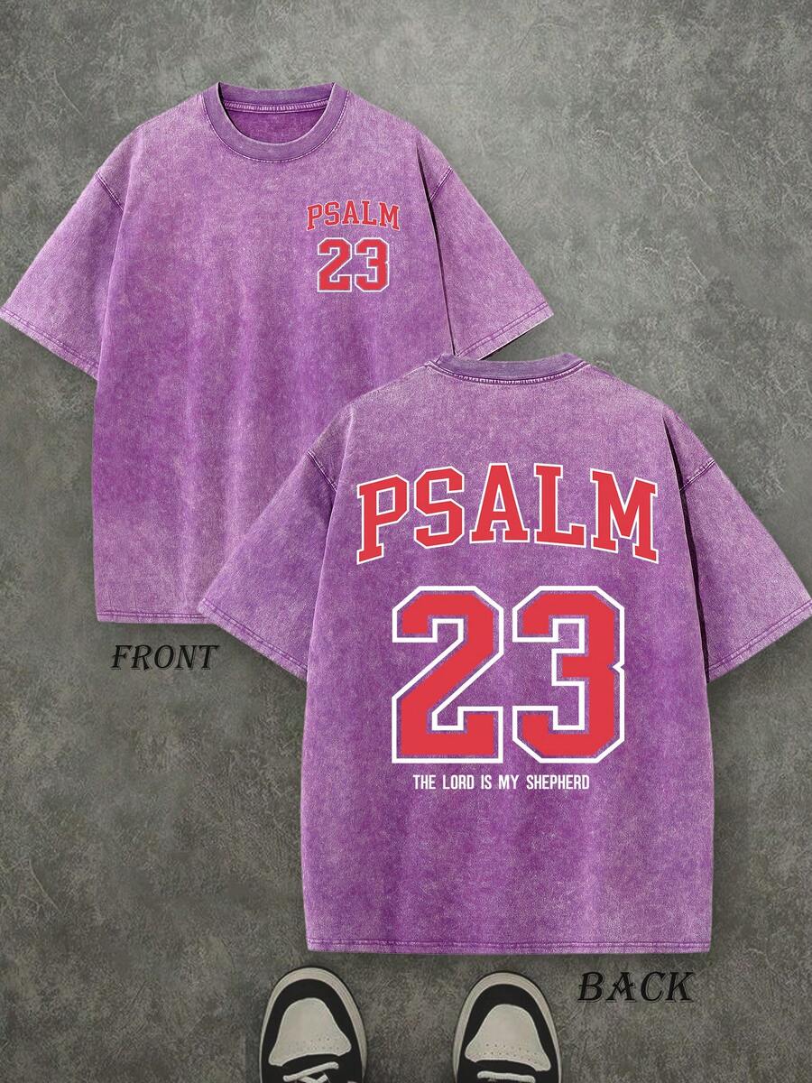 PSALM 23 Christian Shirt, 'THE LORD IS MY SHEPHERD' Christian Scripture T-Shirt, Vintage Retro Washed Shirt Double Sided Printed (230 Heavyweight Pure Cotton T-Shirt)  High Quality Christian T-Shirt, Christian Gifts, Men's And Women's Shirts, Comfortable, Fashion Christian Shirt, Street Style Pure Cotton Fall Shirt - 紫丁香色 - 查看 1