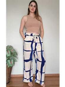 Printed High-Waisted Palazzo Pants With Pockets, Lining And Ties - Blue Waves Pants - View 4