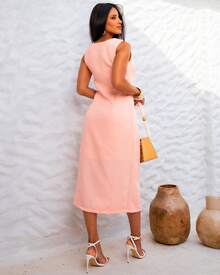 Classic Long Black Dress With Round Neck, Pockets And Elegant Slit Design - Màu hồng cá hồi - Xem 4