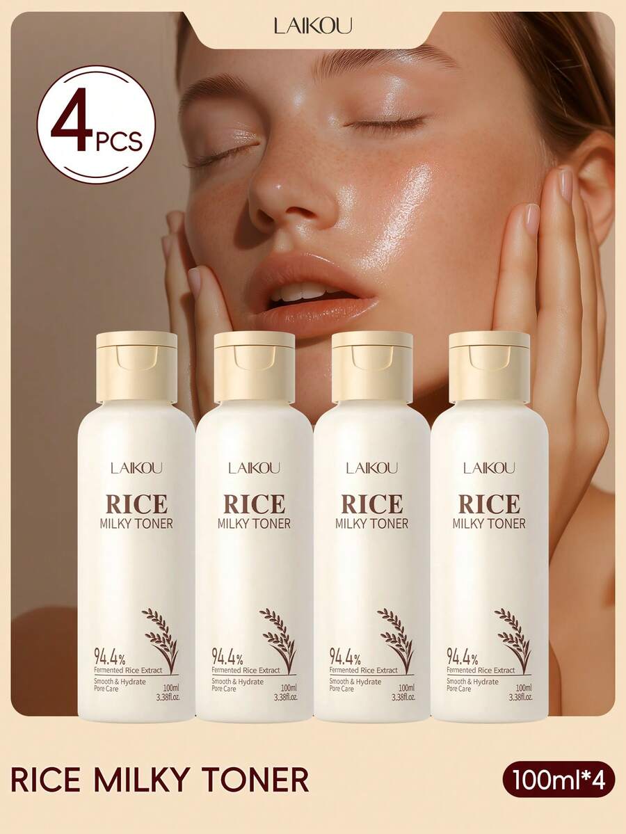 LAIKOU 4 Pcs Moisturizing LAIKOU Rice Milky Toner 100ml, Minimize Pores Hydrating Toner Mild Skin Toner Anti-Wrinkle For Women All Skin Types SPA Gift For Mom Facial Care