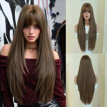 AKAKO Extra Long Layered Caramel Brown Wigs For Women - Fluffy Synthetic Wig With Bangs, Natural Looking Heat-Resistant Fiber Hairpiece, Dark Gothic Style Fashion Wigs For Daily Party Wear, Valentine's Day Music Festivals & Halloween Cosplay Use 32 Inch - Brown - View 11