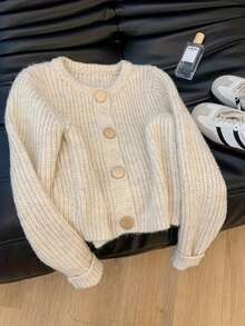 Plus Size Women's Round Neck Fuzzy Knit Cardigan, Long Sleeve Button-Up, Autumn/Winter Casual Essential - Beige - View 2