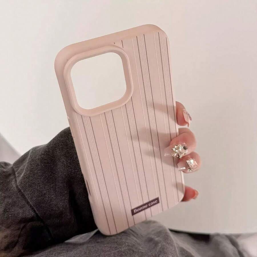 1pc Glossy Black Striped Phone Case Compatible With Apple 16, 16 Plus, 16 Pro, 16 Pro Max - Bean Powder Color - View 1