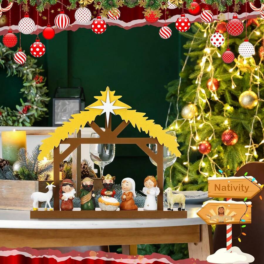 1 pieza Pesebre de madera navideño para escena de Natividad, con techo y estrella en el interior, a escala, establo de madera de la Sagrada Familia para decoración de interiores, mesa de hogar, decoraciones navideñas, decoración de habitación de invierno