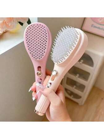 Sanrio 1PC Sanrio Hello Kitty Hairbrush - Retractable Magic Comb With Massage Brush Design, One-Touch Hair Removal, (Not Suitable For Thick Hair), Anti-Static, Portable, Plastic Brush, ABS Handle, Suitable For Home Use, Scalp Massage, Compact Hair Styling Tool