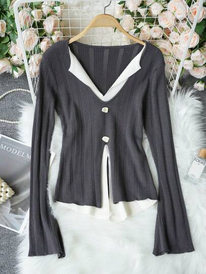 Women's Autumn/Winter Sweet & Elegant 2 In 1 Dark Grey Sweater