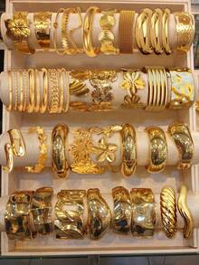 13/7/5/3/1pcs Multi-Piece Stackable Chunky, Vintage, Elegant Floral, Geometric, Twist, Round, Textured, Twisted, Asymmetrical, Multi-Layer, Minimalist, Smooth, Metal Bangle Bracelet Set, Fashion, Elegant, Retro Design, Suitable For Holiday, Party, Date, Gift, Daily Wear - Yellow Gold - View 6