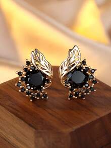 1pc Simple Sea Blue Rectangular Shape Cubic Zirconia Leaf Shaped Elegant Earring For Women, Suitable For Wedding, Engagement, And Daily Accessories