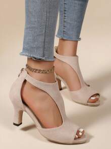 2026 Hot Women's T-Strap High Heel Sandals, Open-Toe Solid Color, Non-Slip Sole For Wedding Party & Daily Matching - 米色 - 查看 3