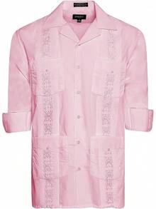 Men's Cuban Guayabera Long Sleeve Shirts Wedding Cigar Beach Bartender Casual-20256688 - Hồng - Xem 2