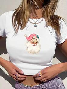 1pc Santa Christmas Graphic Print Women's Fashion Short Sleeve T-Shirt, Y2K Clothes, Back To School Clothes, Vintage Clothes, Street Wear, Rock, Holiday, Vacation, Festival, Summer Tops - 白色 - 查看 3