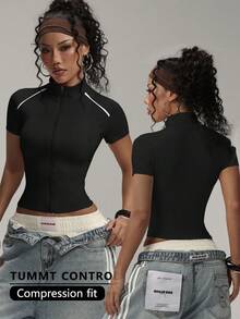 FWH 街头风宽松运动夹克，高领拉链设计，修身剪裁，舒适时尚，适合从办公室到普拉提等各种场合，也适合跳舞/慢跑，复古运动风与现代版型完美融合，春季时尚运动夹克。 - 黑色 - 查看 2