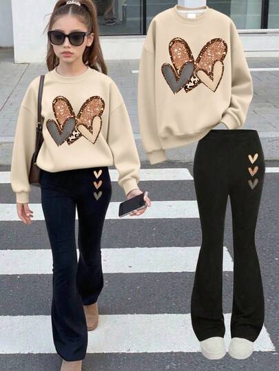 2pcs Set Girls Heart - Element Set, Comfortable Fabric, Spring & Autumn Street Activity & Daily Style