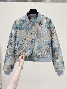 Chaqueta bomber con bordado jacquard de flores y pájaros | Chaqueta casual de corte holgado con estampado retro todo sobre todo de animales con cremallera para vacaciones