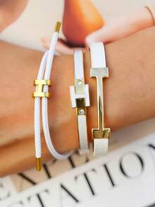 3 件时尚别致的金色字母皮革手链，送给女朋友的礼物 - 3pcs-白色 - 查看 2