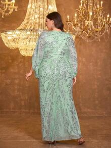 UNITHORSE UNITHORSE Plus Women's Cape Sleeves Sequins Patchwork Mesh Fabric Slim-Fitting Long Evening Dress