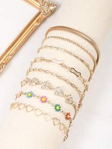 8pcs/1pc Elegant Floral Rhinestone, Heart, Colorful Flower Women's Bracelet Set For Daily Wear And Party - Gold 1488 - View 12