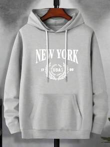 Fashion Print Hoodie, Men's Plus-Size Hoodie, English Print Hooded Hoodie With Kangaroo Pocket Plus-Size Men's Clothing, Suitable For Winter And Autumn, As A Gift, PLUS SIZE - Màu Xám nhạt - Xem 1