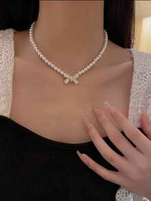 1 件简约设计优雅仿珍珠水钻猫眼珠链项链，百搭，适合女性日常佩戴、正式活动、送给女朋友、好朋友、生日的礼物 - 白 - 查看 8