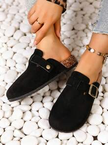 Women's Suede Mule Slippers, Casual Shoes, Flat Slippers, With Metal Buckle Decoration, Round Toe, Non-Slip Rubber Sole, Suitable For Spring And Summer Home Wear And Outdoor Vacations - màu đen - Xem 7