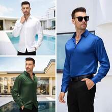 Mens Silk Satin Dress Shirts Shiny Long Sleeve Button Down Shirt Party Prom Wedding Shirthalloween - trắng - Xem 9