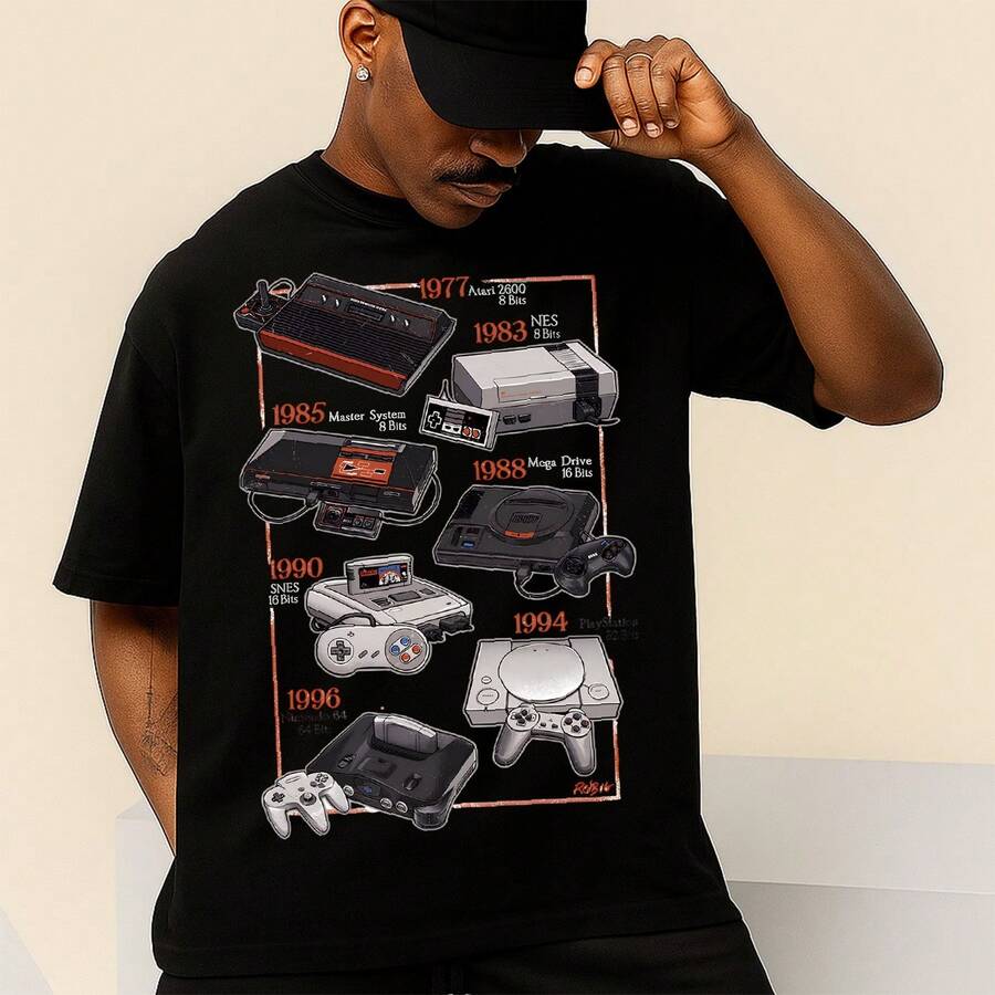 Classic Consoles T-Shirt Games Games Blouse Shirt Unisex 100% Cotton New Release Shipping Various Colors!! PLUS SIZE - màu đen - Xem 1