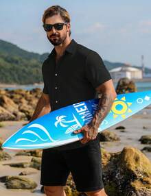 Camisas casuales de vestir de manga corta con botones y cuello para hombres, de estilo casual y elásticas, de la marca URRU - Negro - Ver 3