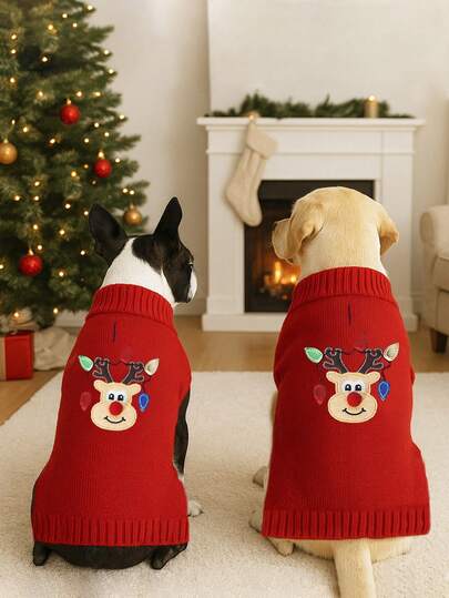 1 peça adorável suéter de natal com veado para animais de estimação, malha macia, quente e aconchegante para cães de médio e grande porte, gola alta de malha grossa, design elástico e quente, roupa de inverno para filhotes de Labrador, Rottweiler, Beagle - Vermelho festivo