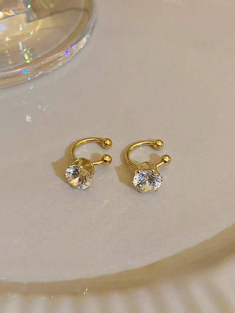 1 Pair Fashionable Rhinestone Ear Cuff Earrings, Versatile Elegant Clip-On Earrings For Women Without Pierced Ears, Delicate Earrings - Gold - View 1