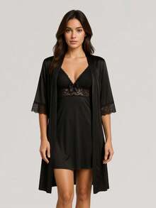 Women's Sensual Nightgown With Bow And Lace Details + Microfiber Robe With Lace PAULA. - màu đen - Xem 2