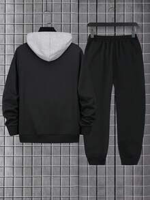 Men's Spring/Autumn Letter Print Contrast Color Hoodie And Drawstring Waist Pants Set, Fashion Sportswear Casual Outfit For Commuting, Work, Fishing, Camping, Gym