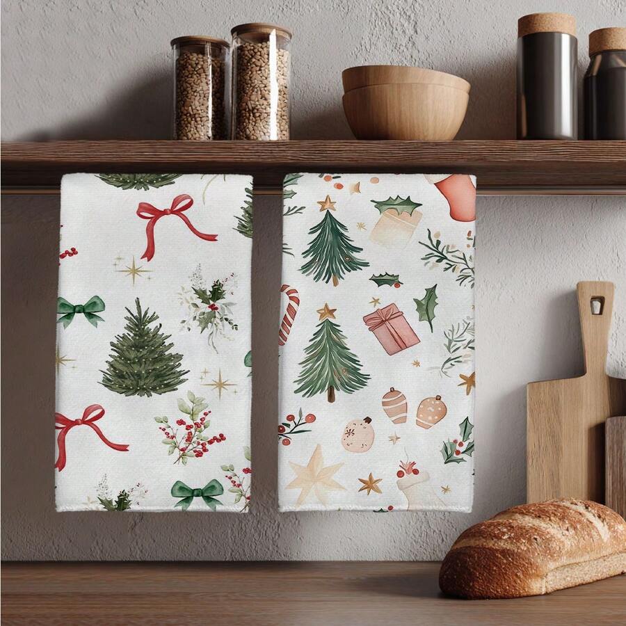 MEMNUN 2 pièces Serviettes de cuisine en microfibre super douces et absorbantes de 15,75 * 23,62 pouces (40 * 60 cm), avec imprimé aquarelle d'arbre de Noël, cadeau de Noël, nœud de bonbon et baie. Convient pour la décoration et les cadeaux de Noël, la cuisine, la cuisson, le thé, le nettoyage, les restaurants et toutes les saisons.