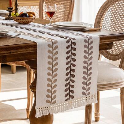 1pc Coffee Color Autumn Leaf Embroidered Table Runner, Farmhouse Style Home Decor For Dining Room, Living Room, Family Gathering, Party, Banquet, Machine Washable And Reusable, Multiple Sizes Available