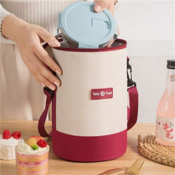 Borsa termica per il pranzo con ampia capacità e tracolla, scatola bento multistrato spessa e cilindrica, ideale per lavoro, scuola, decorazione domestica, feste e conservazione natalizia