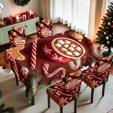 1/4/5/6/7/36 pièces Tasse rouge de Noël avec motif flocon de neige, remplie de boisson chaude et de guimauve, entourée de canne en bonbon, bonhomme en pain d'épices, cadeau de Noël, ensemble de housse de chaise imprimée de branche de pin, convient pour la maison, le restaurant, l'hôtel, idéal pour la décoration quotidienne moderne. Nappe carrée, housse de chaise élastique lavable.