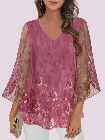 CheersLife 女式荷叶边 3/4 袖 V 领双层网眼衬衫宽松飘逸束腰上衣