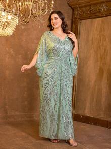 UNITHORSE UNITHORSE Plus Women's Cape Sleeves Sequins Patchwork Mesh Fabric Slim-Fitting Long Evening Dress