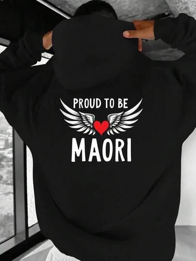 Men's Plus Size Proud To Be Maori Hoodie - Black Maori Culture Sweatshirt, Red Heart And Wings Print, Loose Non-Stretch Fabric, Long Sleeve Casual Pullover, Suitable Daily Wear And Maori Events, Comfortable Hooded Sweatshirt, Plus Size