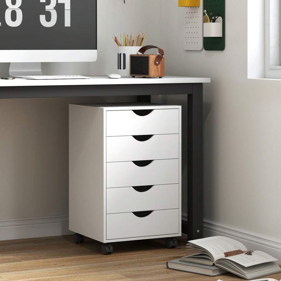 HOMCOM Cajonera Escritorio con Ruedas, Cajonera Oficina con 5 Cajones, Archivador Móvil, para Estudio, Salón, 40x40x67 cm, Blanco - Blanco - Ver 1