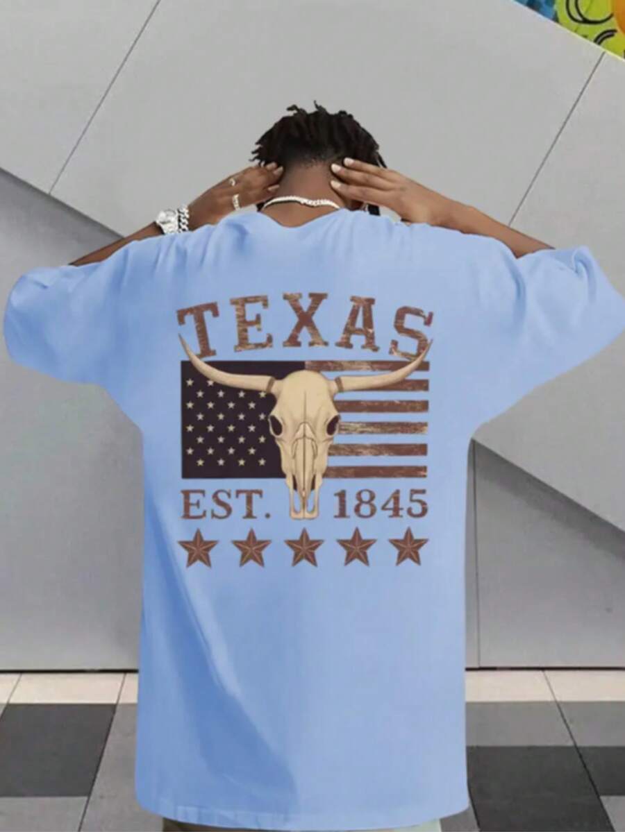 Men's Streetwear T-Shirt Country Rodeo Texas Cotton Round Neck - 淺藍色 - View 1