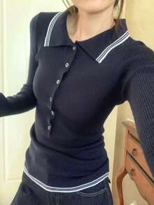 Blusa de lana con diseño de botones, cuello con muesca y dobladillo para mujeres, estilo coreano casual de calle y transporte, otoño Nora Noon Y2K